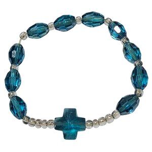 Blue Crystal Cross Beaded Stretch Bracelet Religious Inspirational Jewelry Women